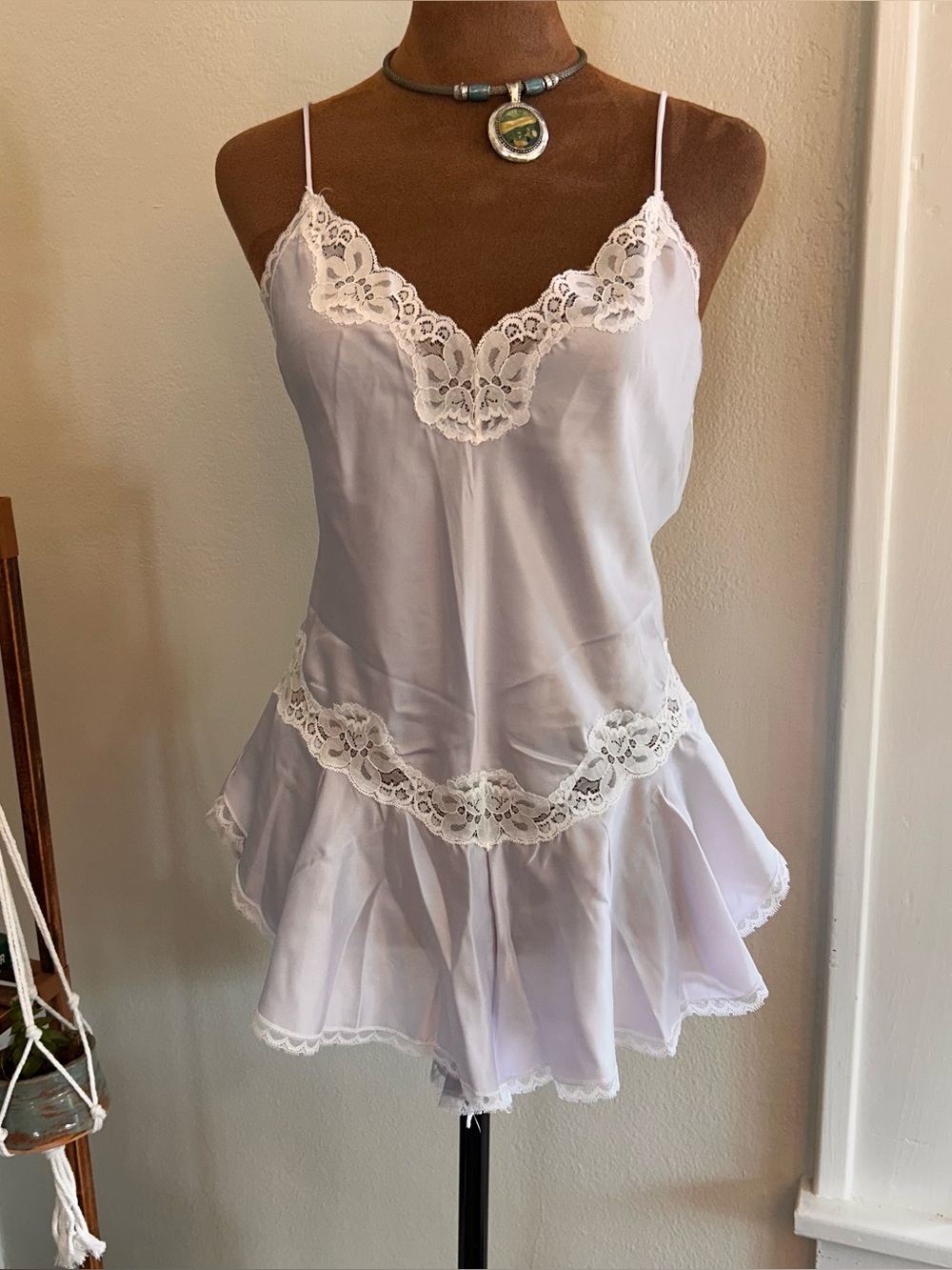 Vintage Dainty Lilac Purple + White Lace Ruffle Lingerie Romper by Belle Fleur